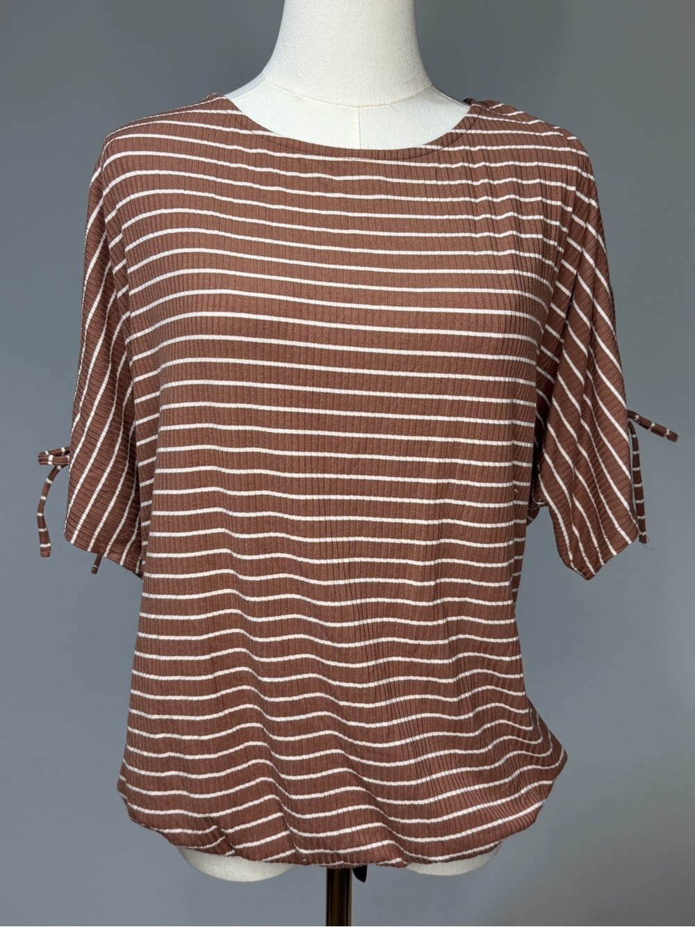 Daytrip Brown and White Striped Short-Sleeve Tie Detail Tee